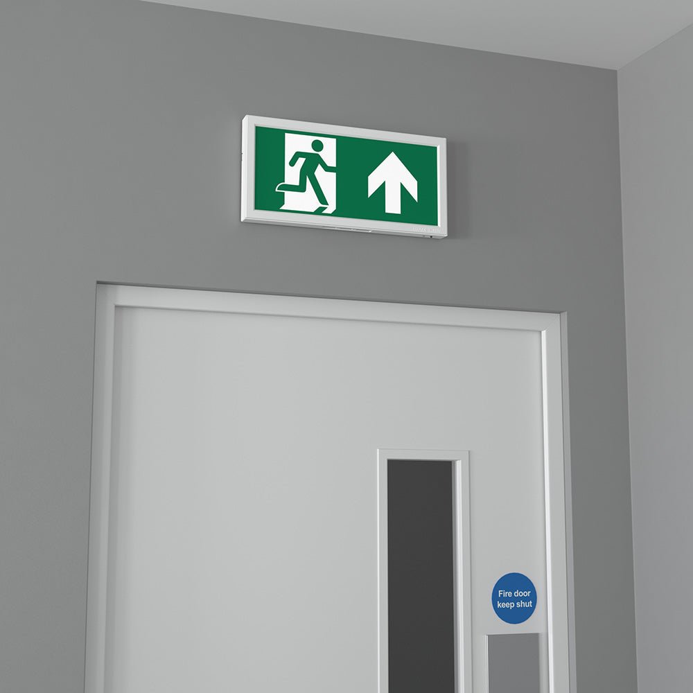 EDGE Slim Over Door Exit Box Running Man Light | LED 3W 200lm | 6000K Daylight White | IP20 | 3hr Emergency Function | UP, DOWN, LEFT & RIGHT Arrows - LightHub Direct