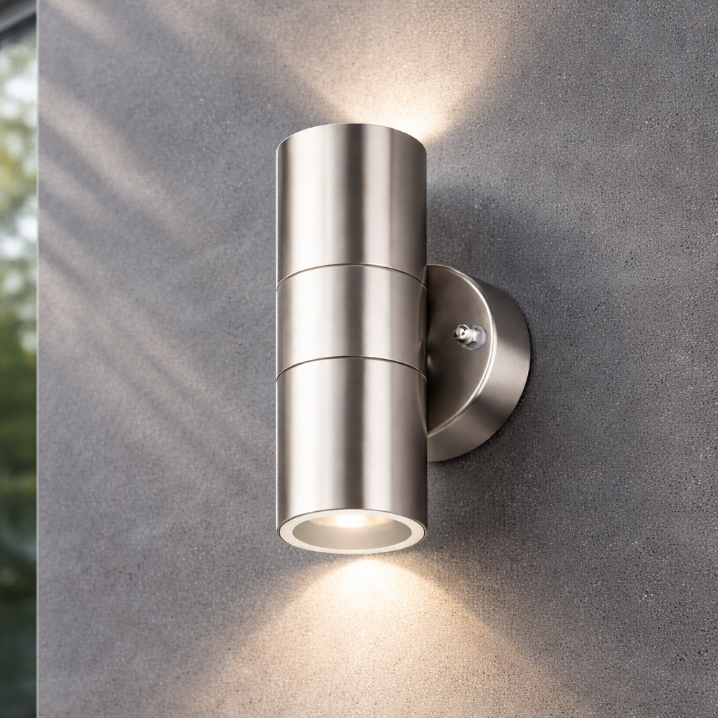Silver outdoor wall light fixture on a concrete wall
