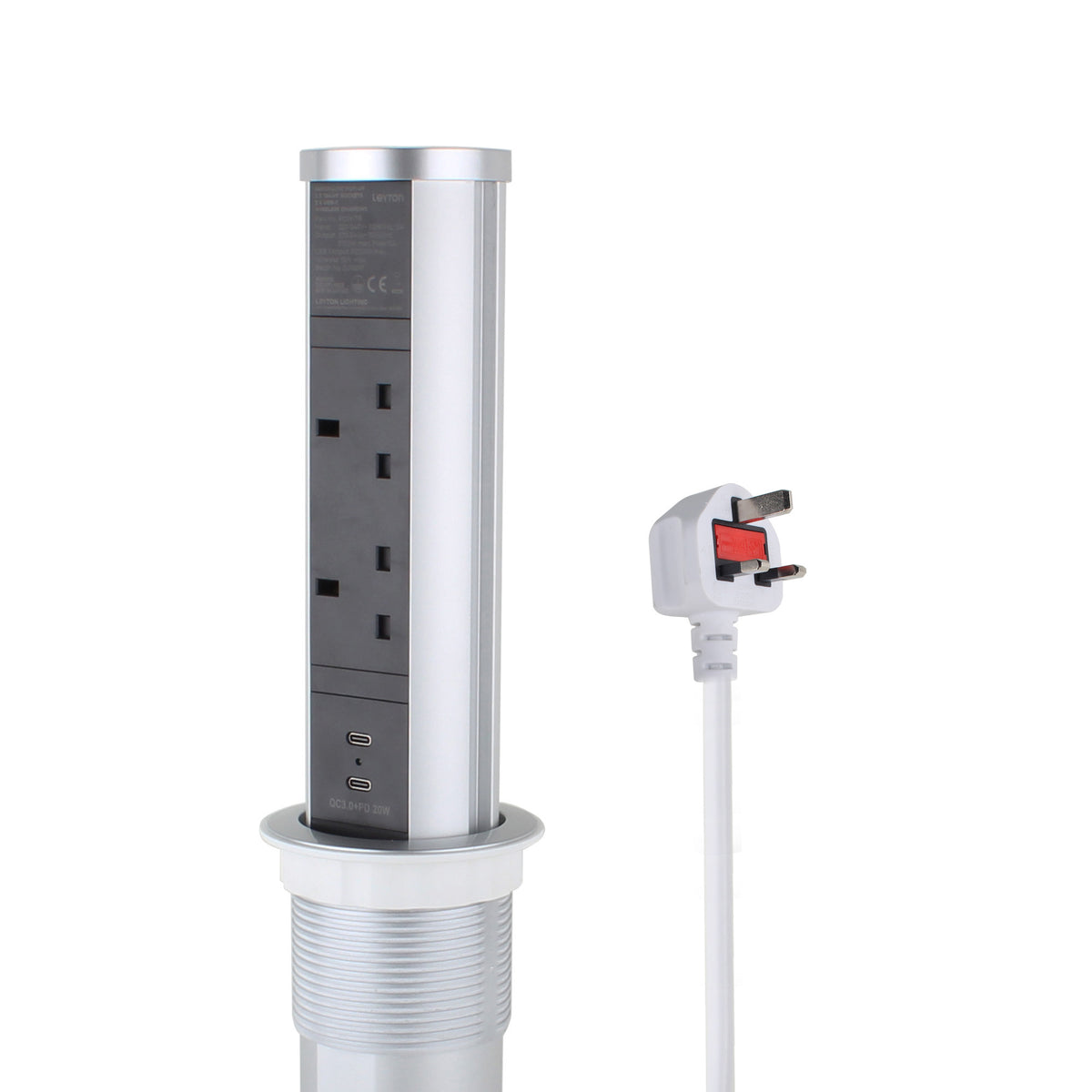 KENSAL | Pop-Up Worktop Socket | 2 x UK Sockets + 2 x USB-C PD 20W | Wireless Charging | Silver