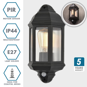 Outdoor Wall Porch Half Coach Lantern Light | E27 | IP44 | Black | PIR Motion Sensor
