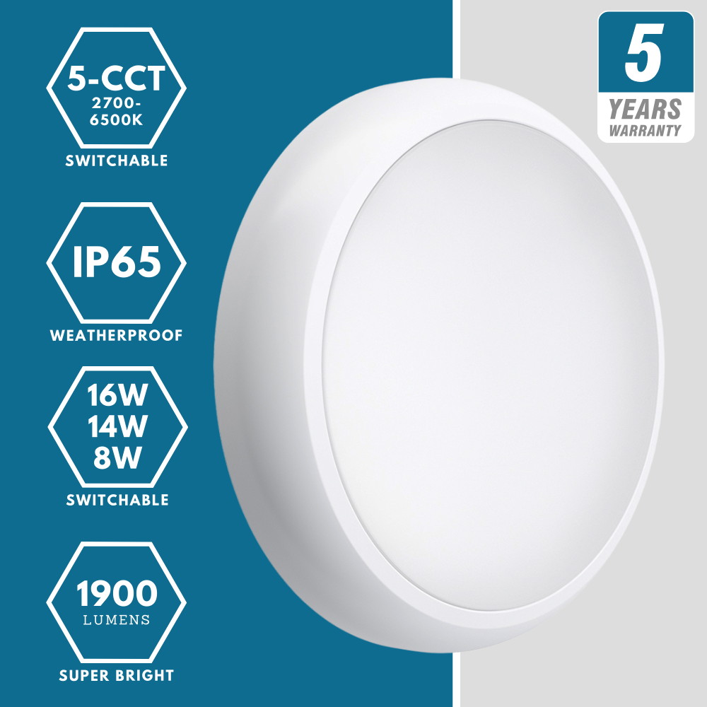 EUSTON CE3X5 | Round Bulkhead Light Fitting | LED Multi Wattage 8-16W | CCT 5-Colour | IP65 | 3hr Emergency
