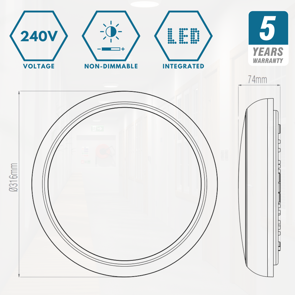 EUSTON CE3X5 | Round Bulkhead Light Fitting | LED Multi Wattage 8-16W | CCT 5-Colour | IP65 | 3hr Emergency