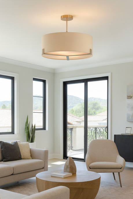 Modern living room with beige sofa, chair, and coffee table under a pendant light.