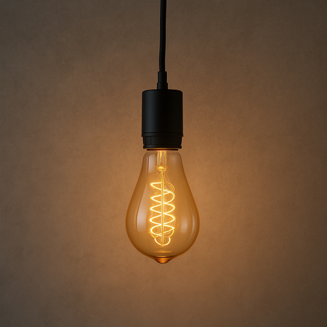 Vintage-style light bulb with coiled filament on a brown background