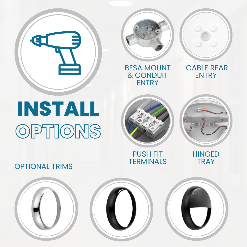 EUSTON CE3X5 | Round Bulkhead Light Fitting | LED Multi Wattage 8-16W | CCT 5-Colour | IP65 | 3hr Emergency