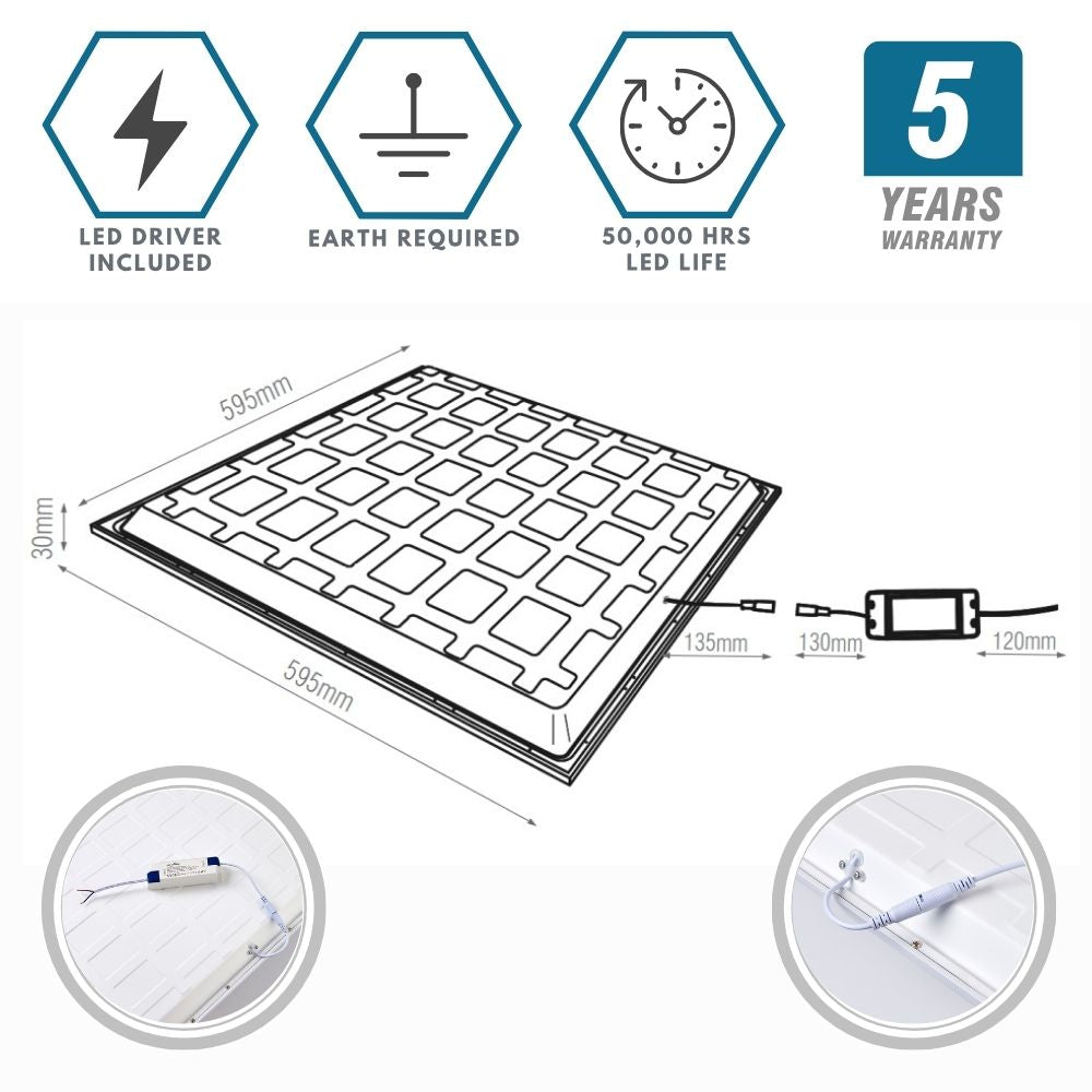 Volta | Emergency Self Test LED | 600x600mm | 6000K Daylight White | Recessed Light Panels 6 PACK | 40W 4000lm | Office Suspended Ceiling White