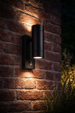 KEW Up / Down Outdoor Stainless Steel Garden Porch Wall Light | GU10 | IP44 | PIR Motion Sensor | Matte Black
