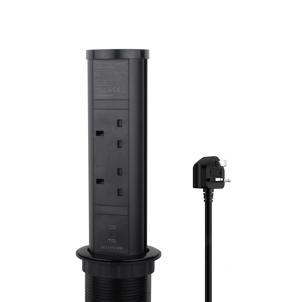 KENSAL | Pop-Up Worktop Socket | 2 x UK Sockets + 2 x USB-C PD 20W | Wireless Charging | Black