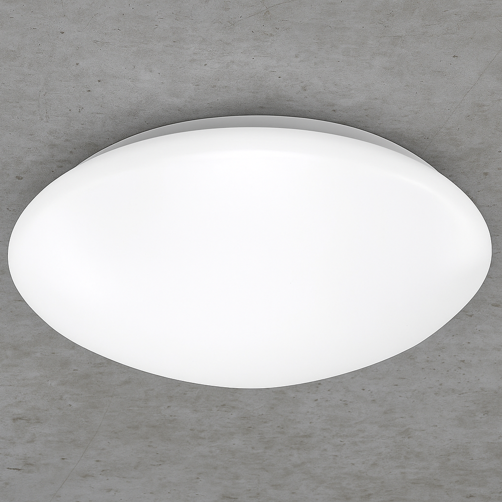White ceiling light fixture on a gray concrete wall
