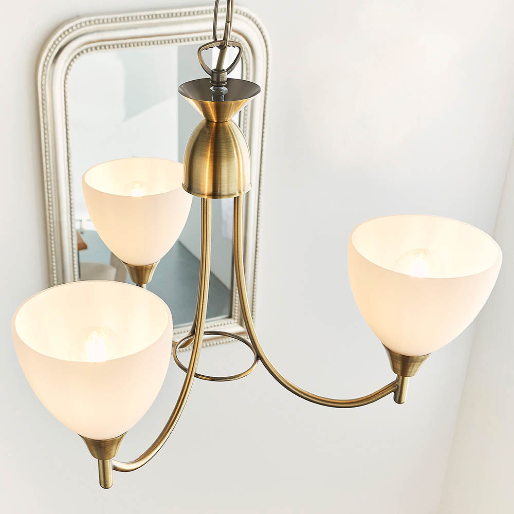3 Light Ceiling Pendant Semi Flush Fitting with Opal Glass Shades | E27 | Antique Brass
