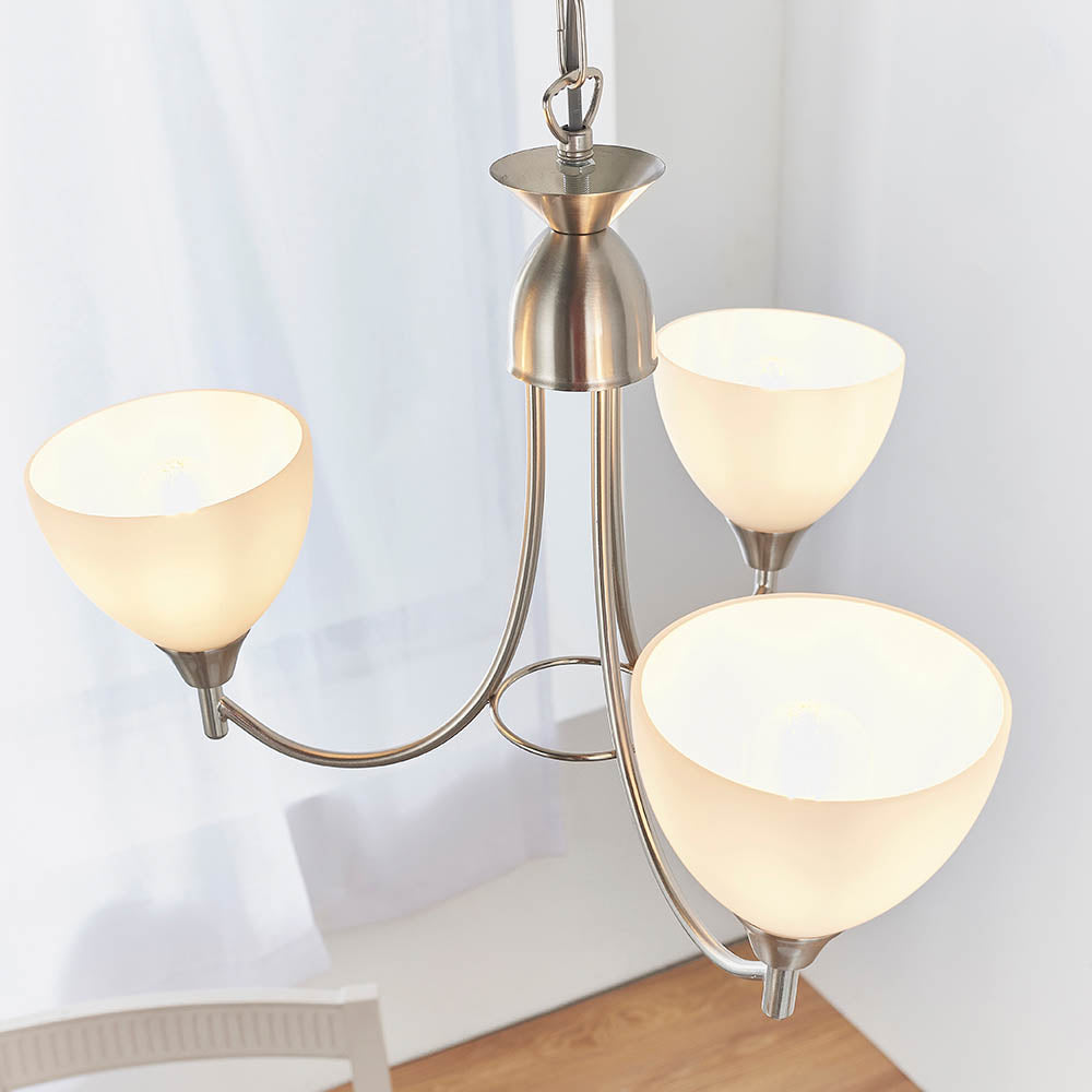 3 Light Ceiling Pendant Semi Flush Fitting with Opal Glass Shades | E27 | Satin Chrome