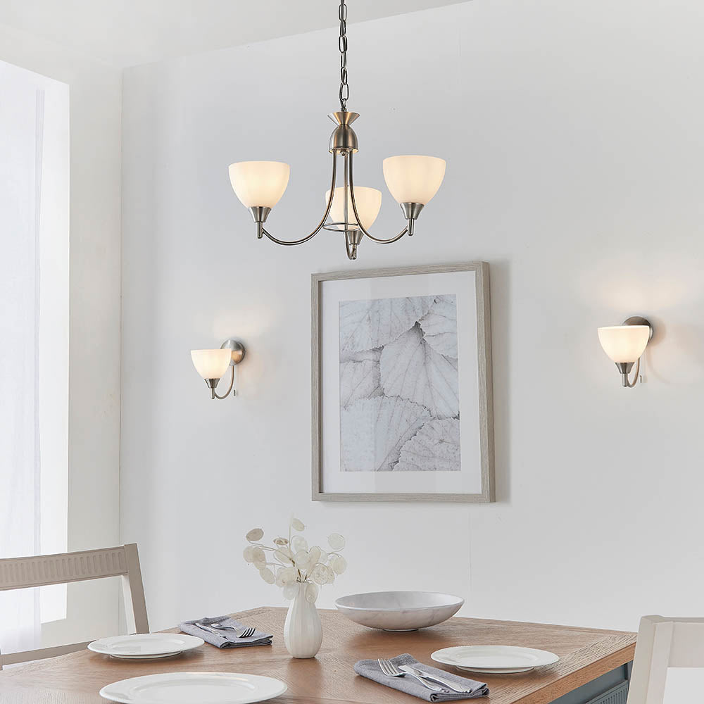 3 Light Ceiling Pendant Semi Flush Fitting with Opal Glass Shades | E27 | Satin Chrome