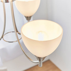 3 Light Ceiling Pendant Semi Flush Fitting with Opal Glass Shades | E27 | Satin Chrome