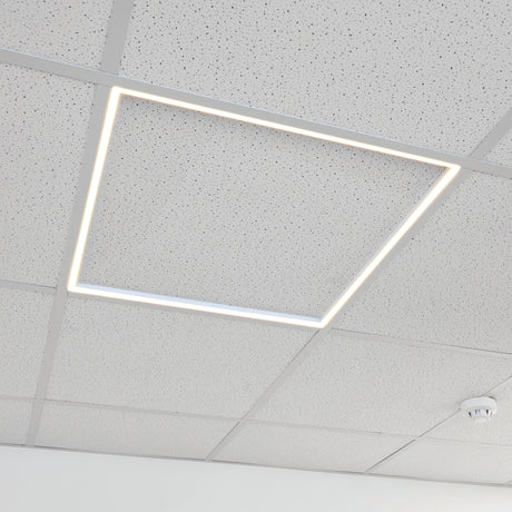 Rectangular 600x600 LED frame ceiling light fixture on a tiled ceiling