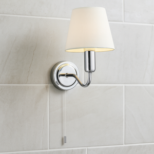Bathroom Light Wall Semi-Flush Fitting with Fabric Shade & Pullcord Switch | G9 | IP44 | Polished Chrome