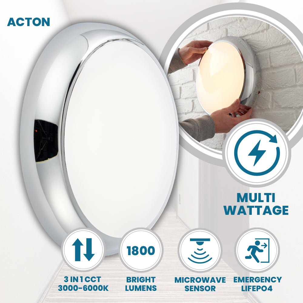 ACTON Multi Wattage CCT LED Emergency Sensor Chrome Bulkhead | In Stock ...