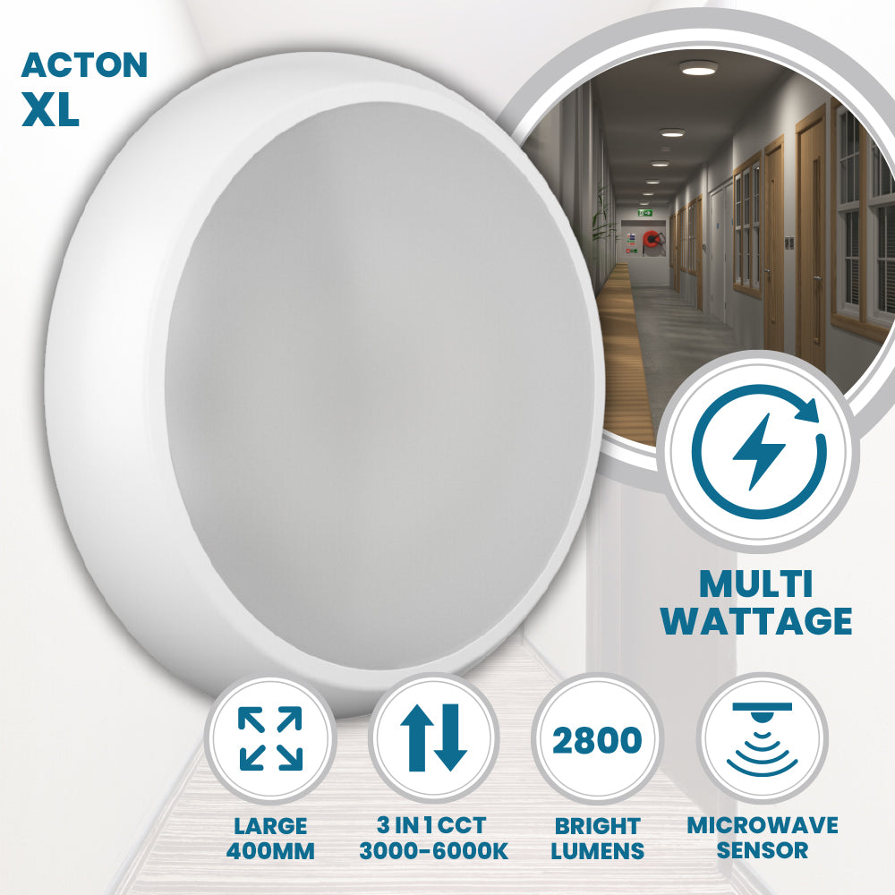 ACTON XL Large 400mm Slim Bulkhead Light | LED Multi Wattage 2800lm | Tri-Colour CCT | IP65 | Microwave Sensor
