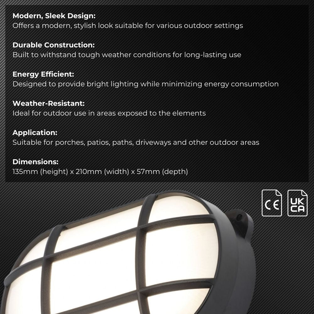 CAPELLA | Slim Oval Bulkhead Grill Cage Coastal Light | 15W LED 750lm | 4000K Neutral | IP65 | Black