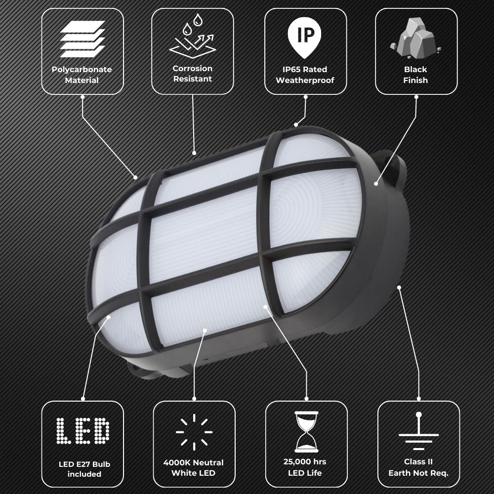 CAPELLA | Slim Oval Bulkhead Grill Cage Coastal Light | 15W LED 750lm | 4000K Neutral | IP65 | Black