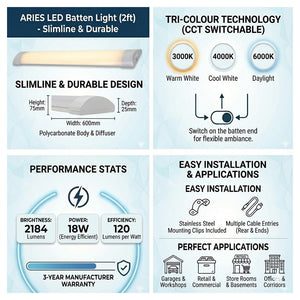 ARIES LED Batten Light | 2ft 2184lm | CCT Tri-Colour & Multi Wattage | IP20 | Standard