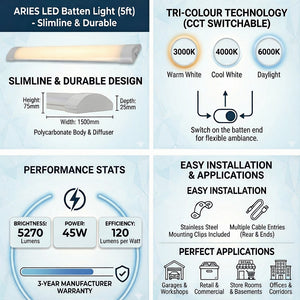 ARIES LED Batten Light | 5ft 5270lm | CCT Tri-Colour & Multi Wattage | IP20 | Standard