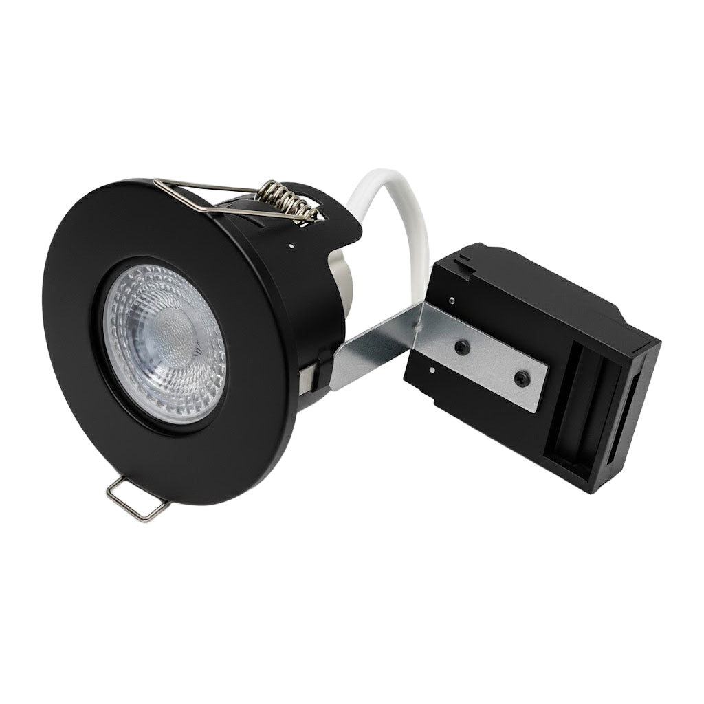 Black spotlight with adjustable arm on a white background