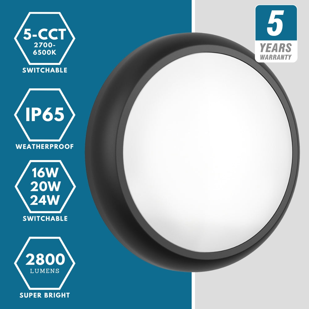 CE3X5 XL Large 400mm Slim Bulkhead Light | LED Multi Wattage & 5CCT | 2800lm | IP65 | Black