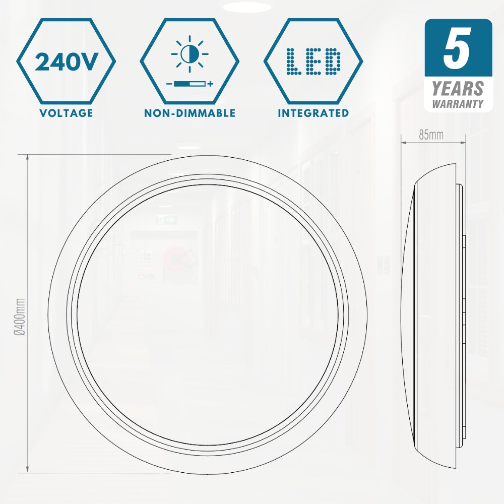 CE3X5 XL Large 400mm Slim Bulkhead Light | LED Multi Wattage 2800lm | Tri-Colour CCT | IP65 | White | Emergency