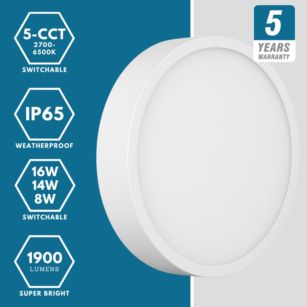 CE3X5 EDGE XLL Large 400mm Straight Edge Bulkhead Light | LED Multi Wattage 2800lm | Tri-Colour CCT | IP65 | White | Emergency