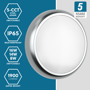 EUSTON CE3X5 | Round Bulkhead Light Fitting | LED Multi Wattage 8-16W | CCT 5-Colour | IP65 | 3hr Emergency | Chrome