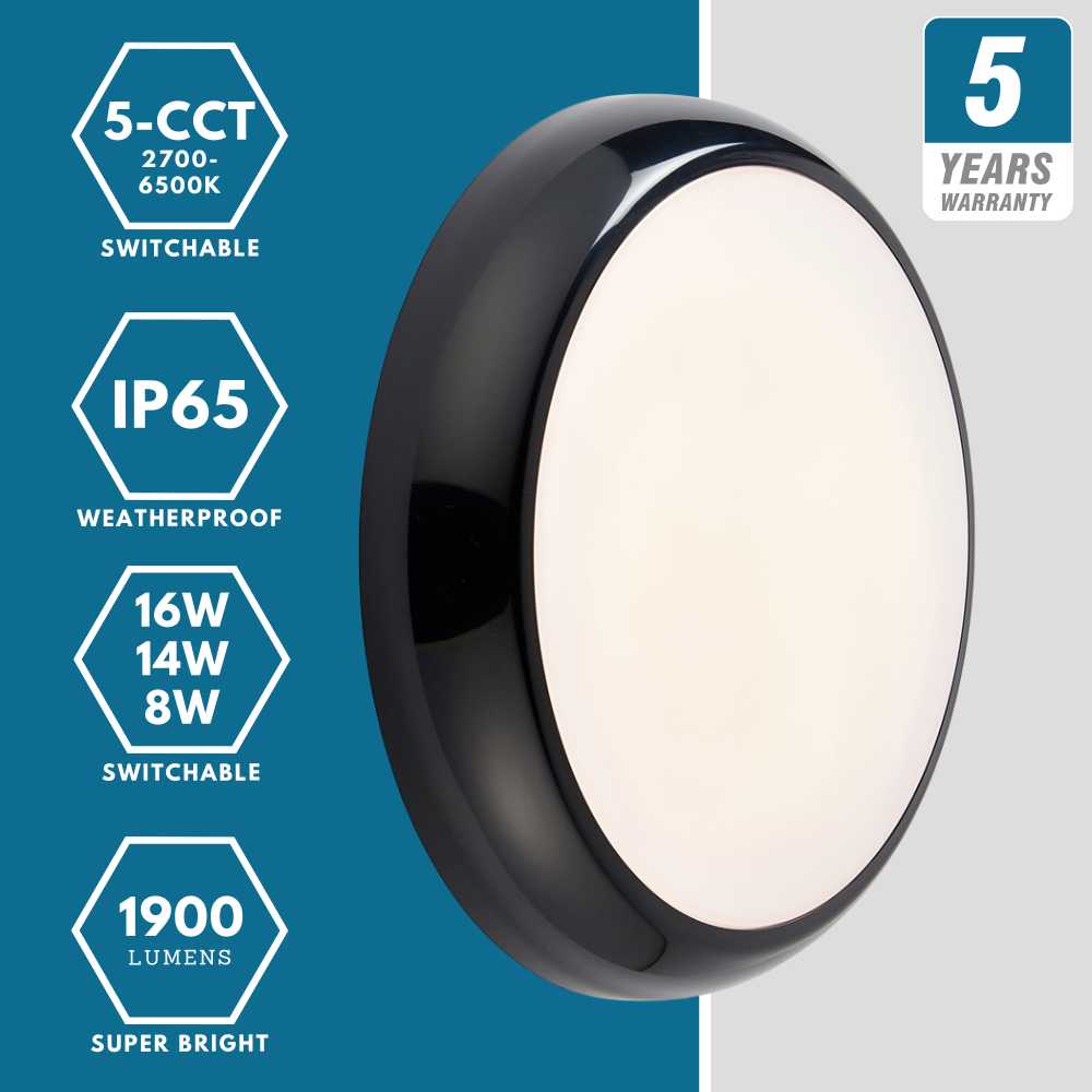 EUSTON CE3X5 | Round Bulkhead Light Fitting | LED Multi Wattage 8-16W | CCT 5-Colour | IP65 | Black