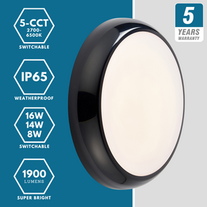EUSTON CE3X5 | Round Bulkhead Light Fitting | LED Multi Wattage 8-16W | CCT 5-Colour | IP65 | Black