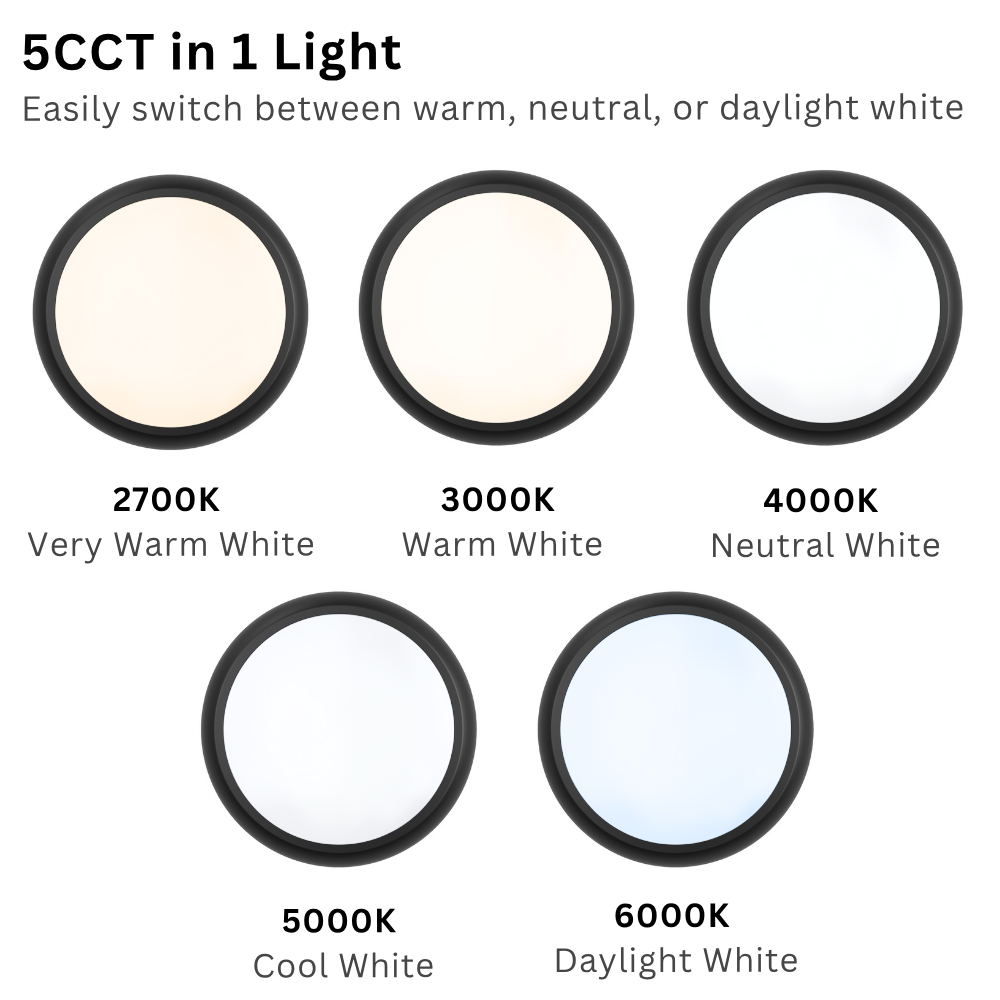 EUSTON CE3X5 | Round Bulkhead Light Fitting | LED Multi Wattage 8-16W | CCT 5-Colour | IP65 | Microwave Sensor | Black Eyelid