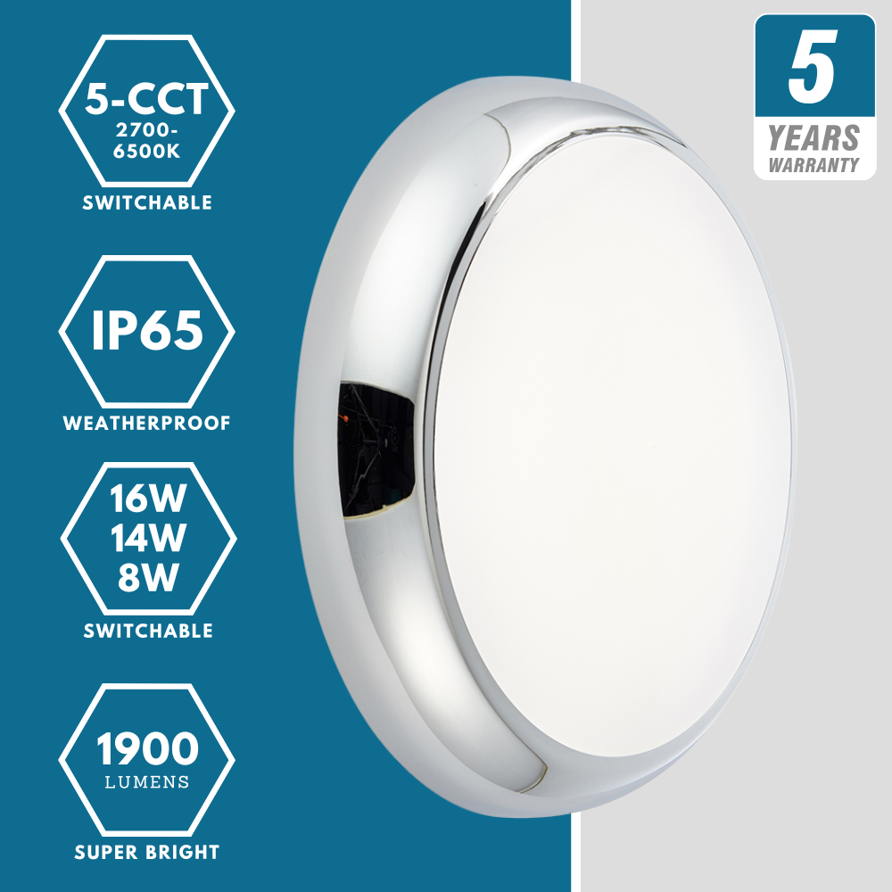 EUSTON CE3X5 | Round Bulkhead Light Fitting | LED Multi Wattage 8-16W | CCT 5-Colour | IP65 | Chrome