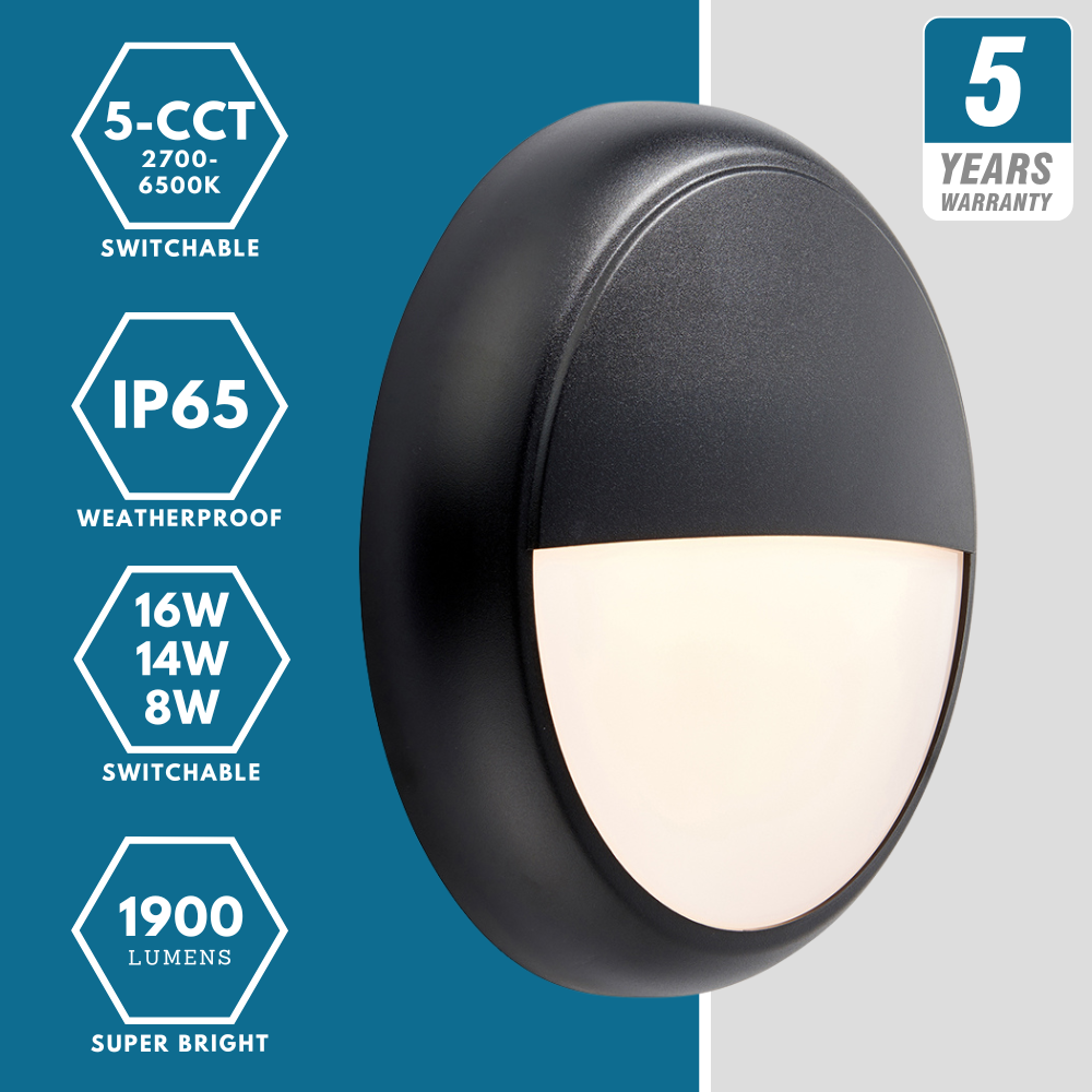 EUSTON CE3X5 | Round Bulkhead Light Fitting | LED Multi Wattage 8-16W | CCT 5-Colour | IP65 | 3hr Emergency | Black Eyelid