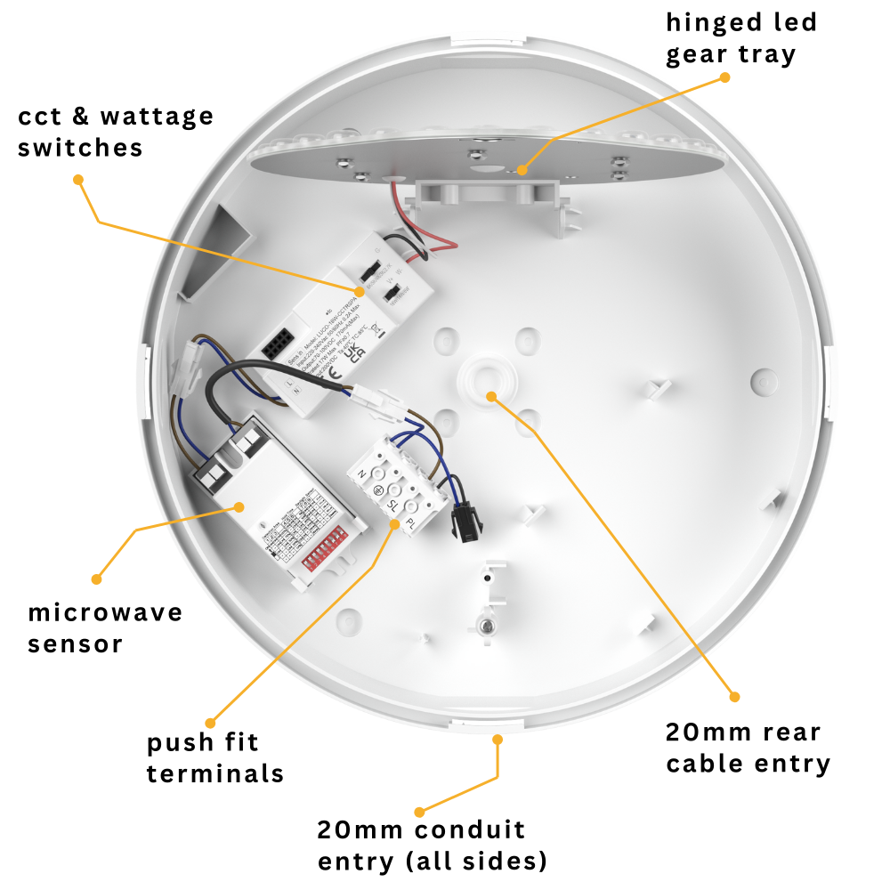 EUSTON CE3X5 | Round Bulkhead Light Fitting | LED Multi Wattage 8-16W | CCT 5-Colour | IP65 | Microwave Sensor | Black Eyelid