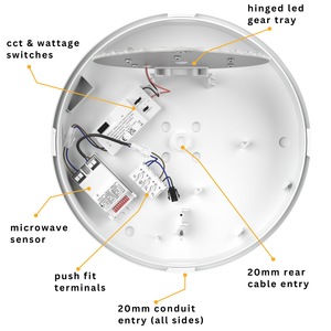 EUSTON CE3X5 | Round Bulkhead Light Fitting | LED Multi Wattage 8-16W | CCT 5-Colour | IP65 | Microwave Sensor | Black Eyelid