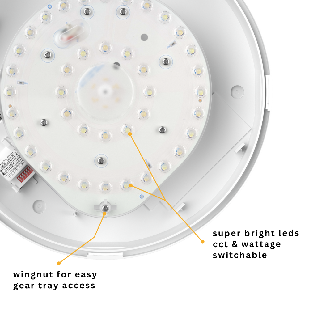 EUSTON CE3X5 | Round Bulkhead Light Fitting | LED Multi Wattage 8-16W | CCT 5-Colour | IP65 | Microwave Sensor | Black Eyelid