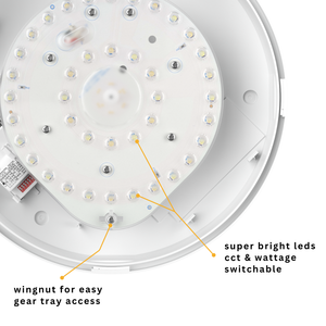 EUSTON CE3X5 | Round Bulkhead Light Fitting | LED Multi Wattage 8-16W | CCT 5-Colour | IP65 | Microwave Sensor | Black Eyelid