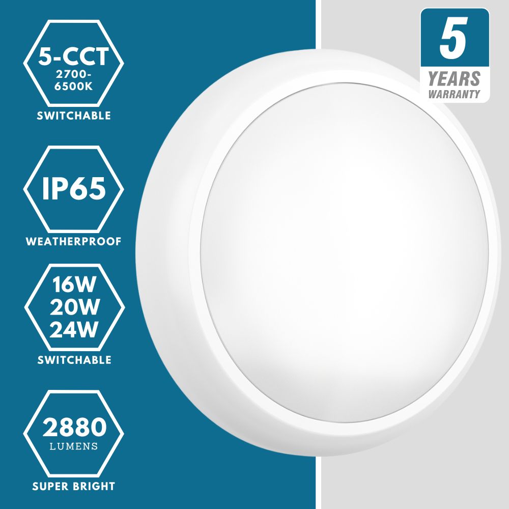 CE3X5 XL Large 400mm Slim Bulkhead Light | LED Multi Wattage 2800lm | Tri-Colour CCT | IP65 | White | Emergency