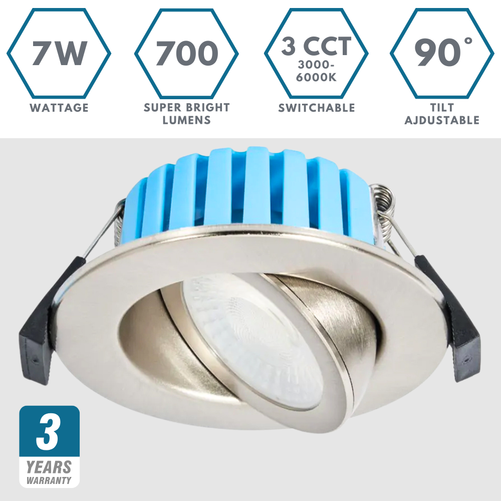EDEN | Tri-Colour CCT | LED Tilt Adjustable Fire Rated Downlight | Dimmable 7W 700lm | IP65 | Satin Nickel