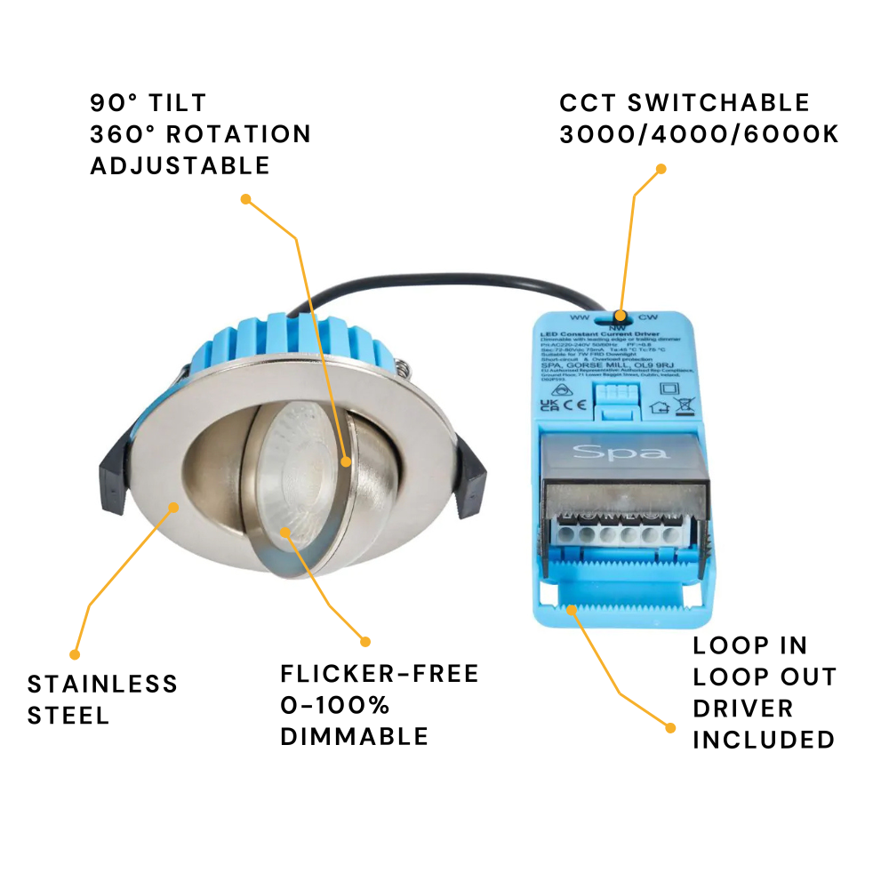 EDEN | Tri-Colour CCT | LED Tilt Adjustable Fire Rated Downlight | Dimmable 7W 700lm | IP65 | Satin Nickel