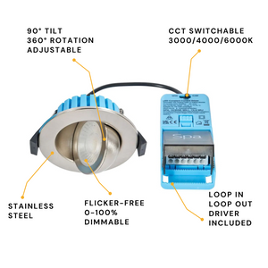EDEN | Tri-Colour CCT | LED Tilt Adjustable Fire Rated Downlight | Dimmable 7W 700lm | IP65 | Satin Nickel