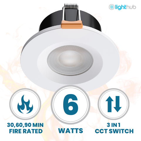 STRATA ONE | Tri-Colour CCT | LED Fire Rated Downlight | Dimmable 6W 600lm | IP65 | White