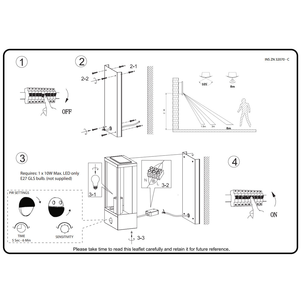 MINERVA | Outdoor Wall Porch Glass Box Lantern Light | E27 | IP44 | Anthracite | PIR Motion Sensor