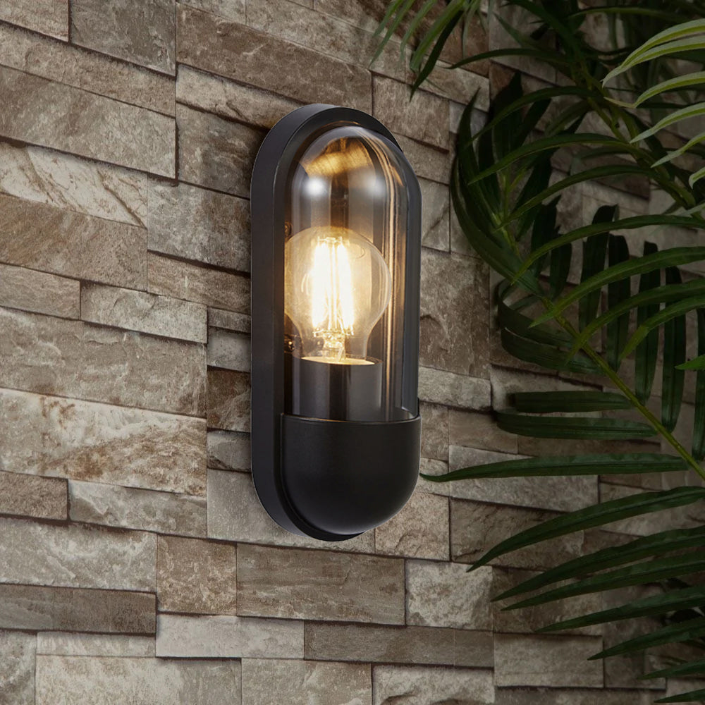 PILULE | Oval Bulkhead Outdoor Glass Wall Light Lantern | E27 | IP54 | Black