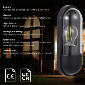 PILULE | LED Oval Bulkhead Outdoor Glass Wall Light Lantern | 6W E27 | 3000K Warm White | IP44 | Black