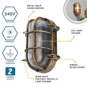DAVEY | Outdoor Caged Oval Industrial Marine Nautical Wall Porch Bulkhead Light | E27 | IP44 | Gold