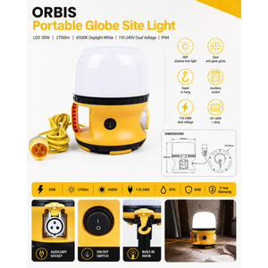 ORBIS Portable Globe Site Light | LED 30W 2700lm | 6500K Daylight White | 110-240V Dual Voltage | IP44 | Standard