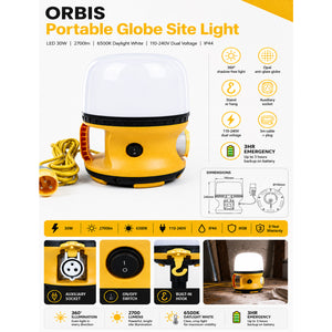 ORBIS Portable Globe Site Light | LED 30W 2700lm | 6500K | 110-240V | IP44 | 3hr Emergency
